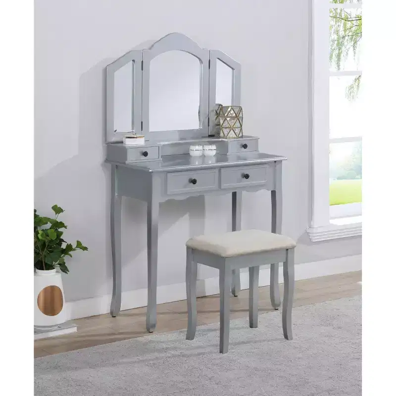 Wooden Vintage Vanity with Stool and 3 Pieces Mirror, Makeup Vanity with 4 Drawers and Shelf, Compact Vanity for Bedroom, Living Room