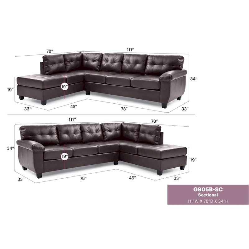 Gallant 111 in. W 2-piece Faux Leather L Shape Sectional Sofa - 78L x 111W x 32H