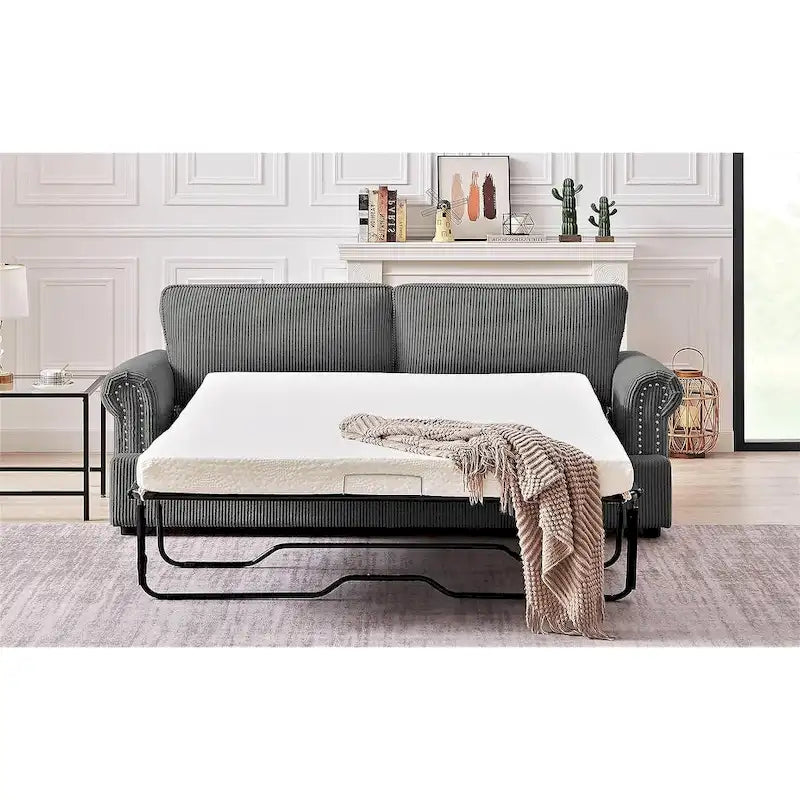 76-Inch Corduroy Sofa Bed with Round Arms and Pull-Out Queen Mattress