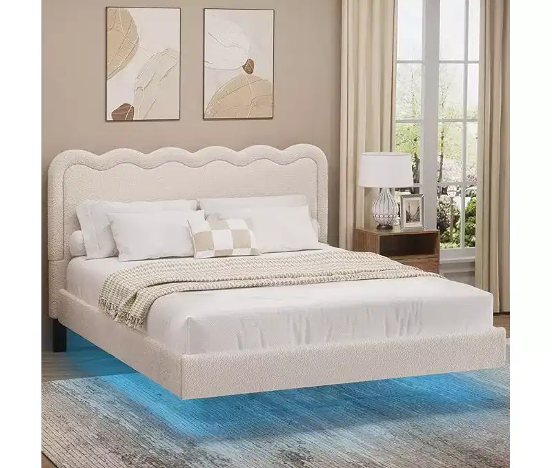 Queen Size Boucle Bed Frame with LED Lights, Floating Bed Frame with Waved Headboard & Sturdy Metal Frame, Noise-Free?beige