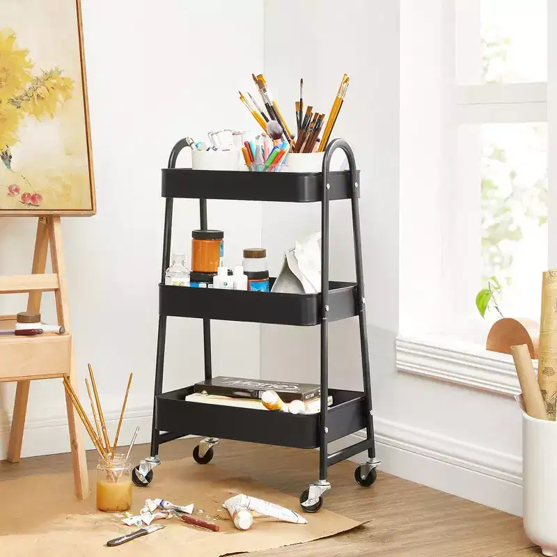 SONGMICS 3-Tier Rolling Cart, Metal Storage Cart, Kitchen Storage Trolley with 2 Brakes and Handles, Utility Cart, Easy Assembly