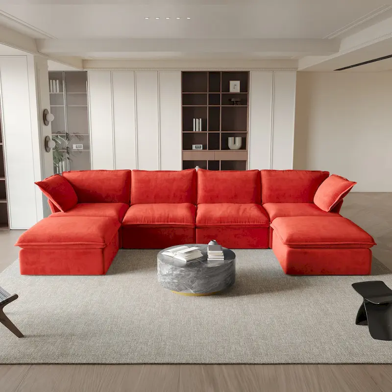 6 Piece U-shaped Velvet Upholstery Modular Sectional Sofa with 2 Ottoman