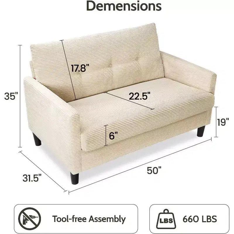 50 Corduroy Loveseat Sofa with Spring Cushions Solid Wood Frame Small Couch for Living Room Bedroom Office