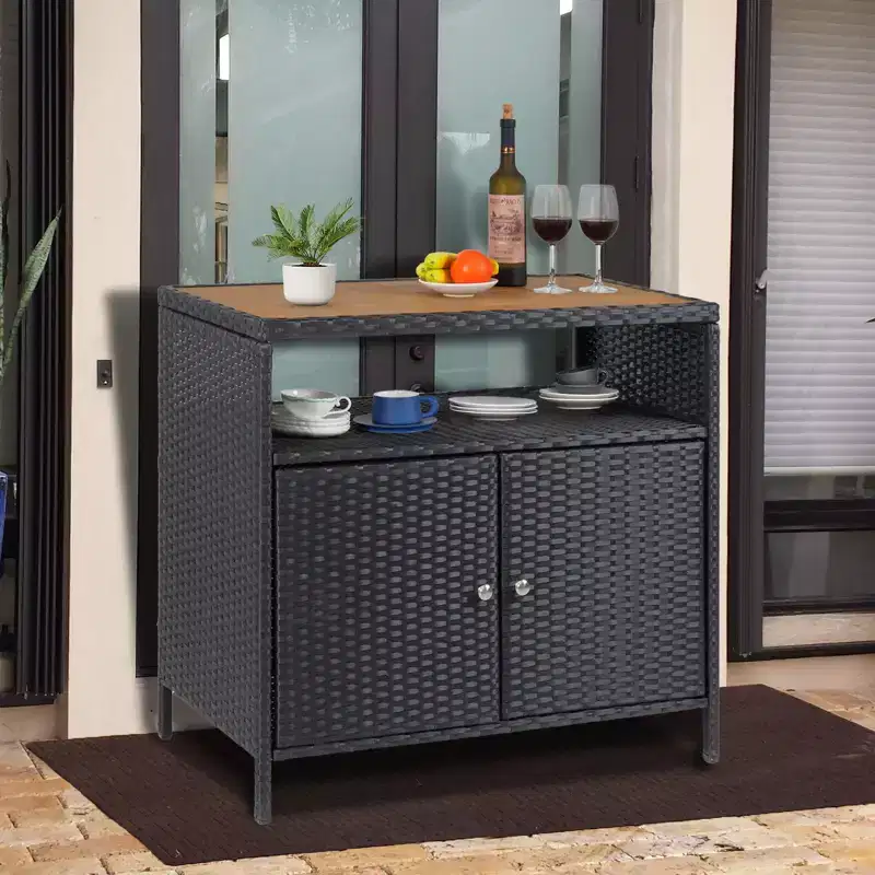 All-Weather Resin Wicker Storage Cabinet with Magnetic Doors & Spacious Top