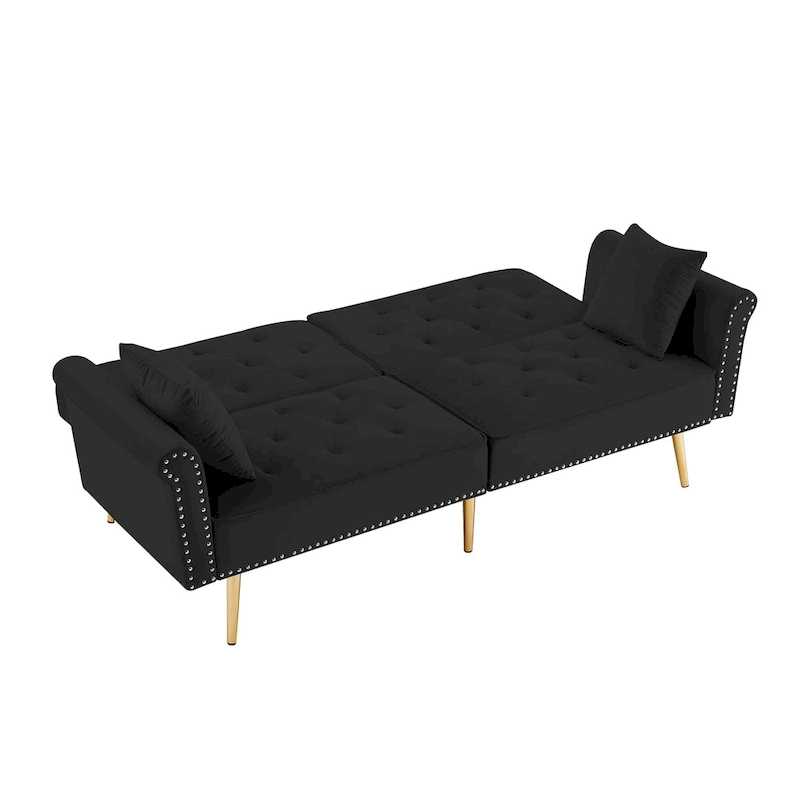 Velvet Tufted Sofa Couch with 2 Pillows and Nailhead Trim