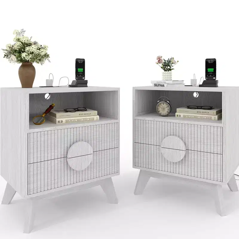 Modern Fluted Bedside Table Set of 2  Wood Bedside Table  2 Drawers & Open Storage Shelf  End Table with Outlets