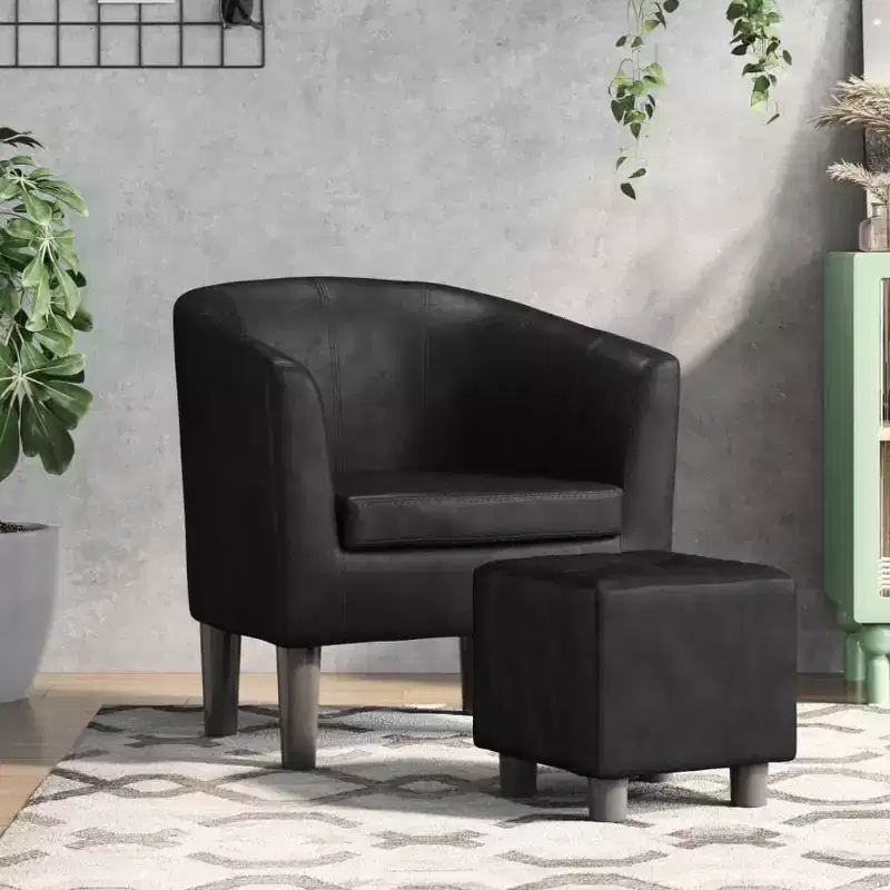 Modern Tub Chair with Footstool, Faux Leather Seating for Living Room, Bedroom, Guest Room or Office, Black