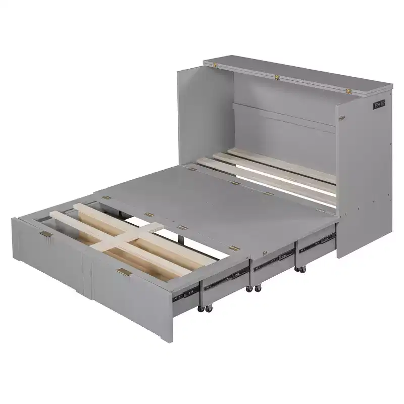 Full Size Murphy Bed with Drawer and Sockets & USB Ports, Pulley Structure Design