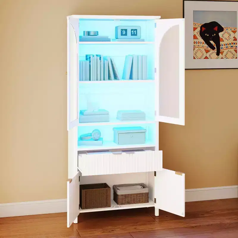 72inch Tall Bookcases with LED Light& Drawers 6 Tier Wooden Storage Bookshelf with Door Display Cabinet