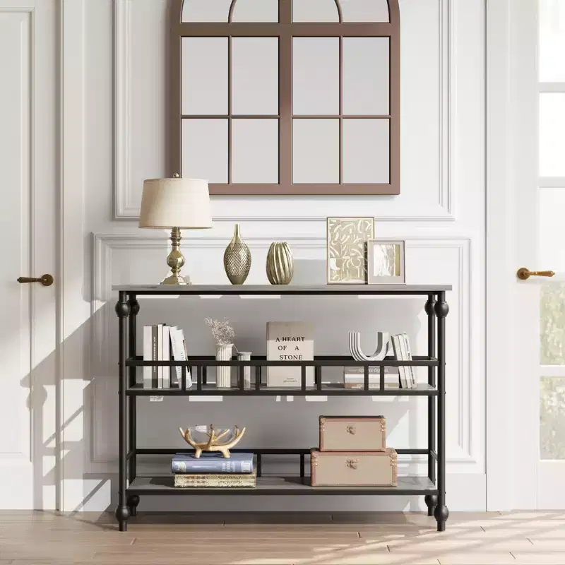 Console Table, 3-Tier Sofa Tables Narrow Entryway Table with Storage, 43 Behind Couch Table Industrial Hallway Table, Rustic Gray
