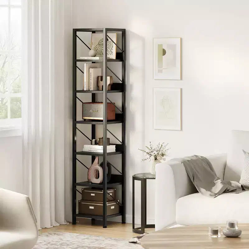 6 Tier Narrow Bookcase Tall Skinny Bookshelf Rustic Corner Shelf Small Bookshelves Industrial Bookcase for Bedroom, Living Room, Home Office