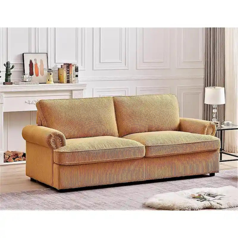 76-Inch Corduroy Sofa Bed with Round Arms and Pull-Out Queen Mattress