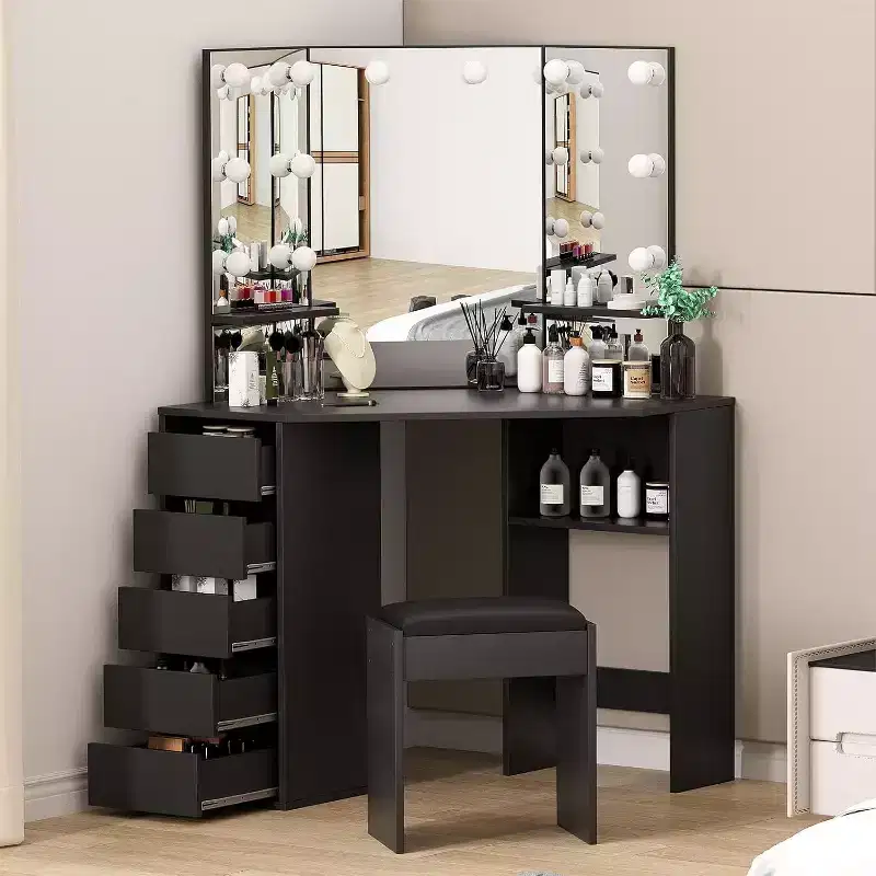 Corner Vanity Desk with Mirror, Lights & Stool — Large Dressing Table with 5 Drawers