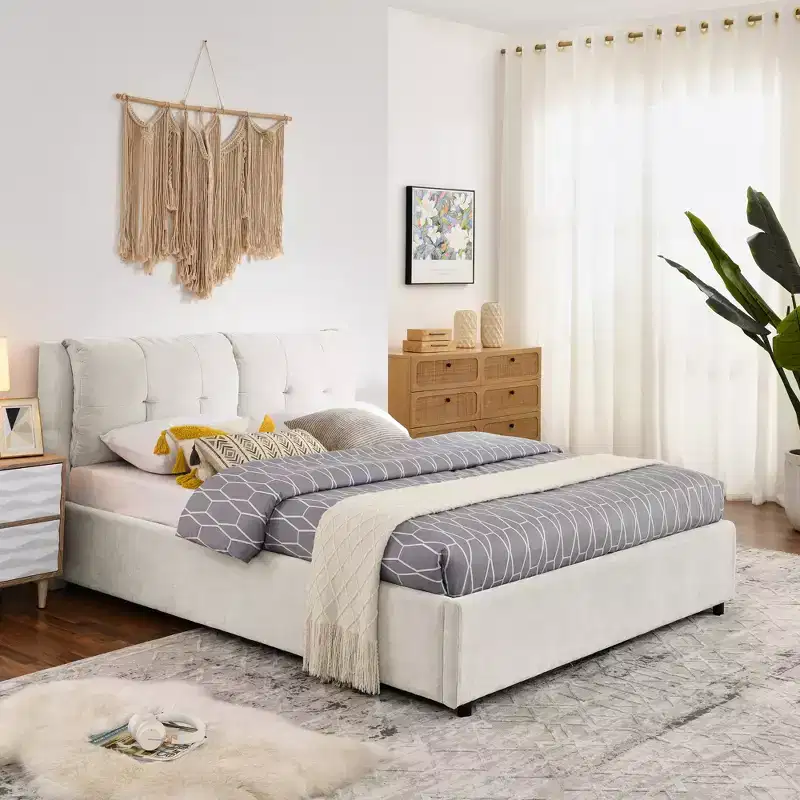 Queen/King Storage Platform Bed Frame Chenille Upholstered Bed with Soft Headboard