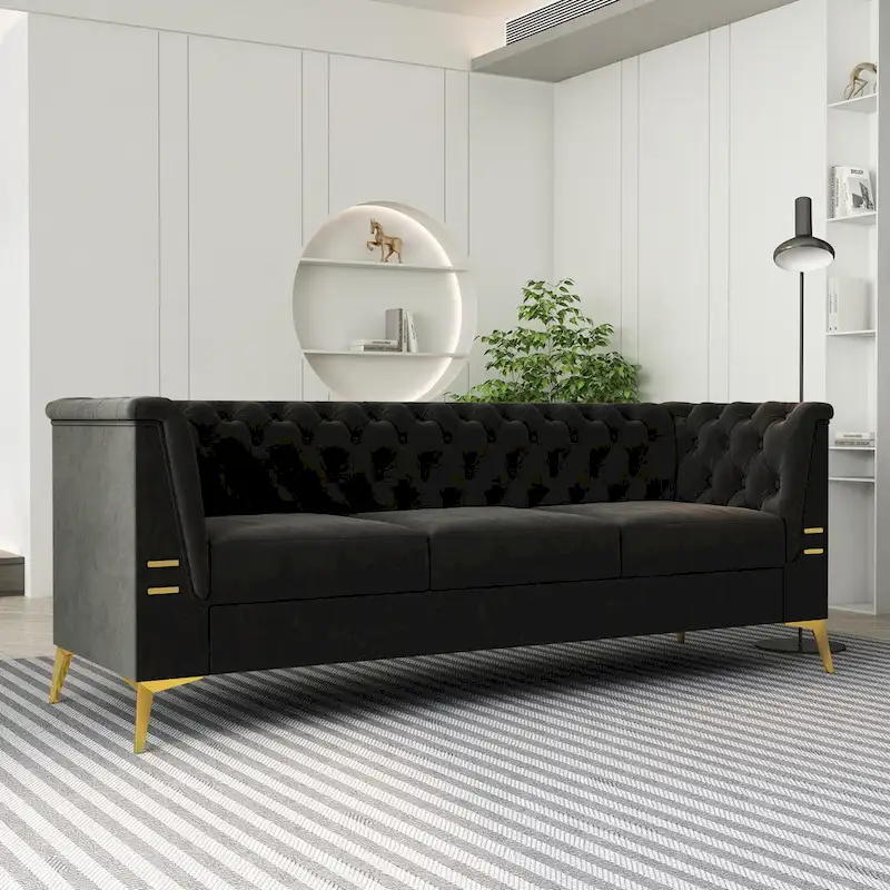82 Velvet 3 Seater Chesterfield Sofa Couch with Gold Metal Legs, High Rebound Sponge and Removable Cushions