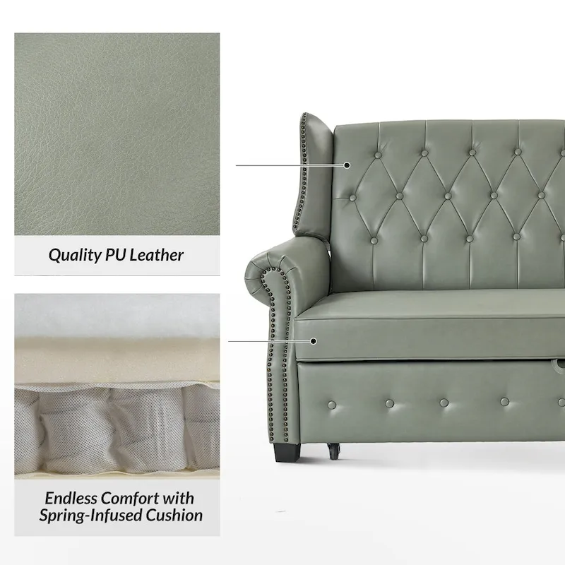 Ruedi Transitional 73.6 Vegan Leather Sofa Bed with Tufted Back and Nailhead by HULALA HOME