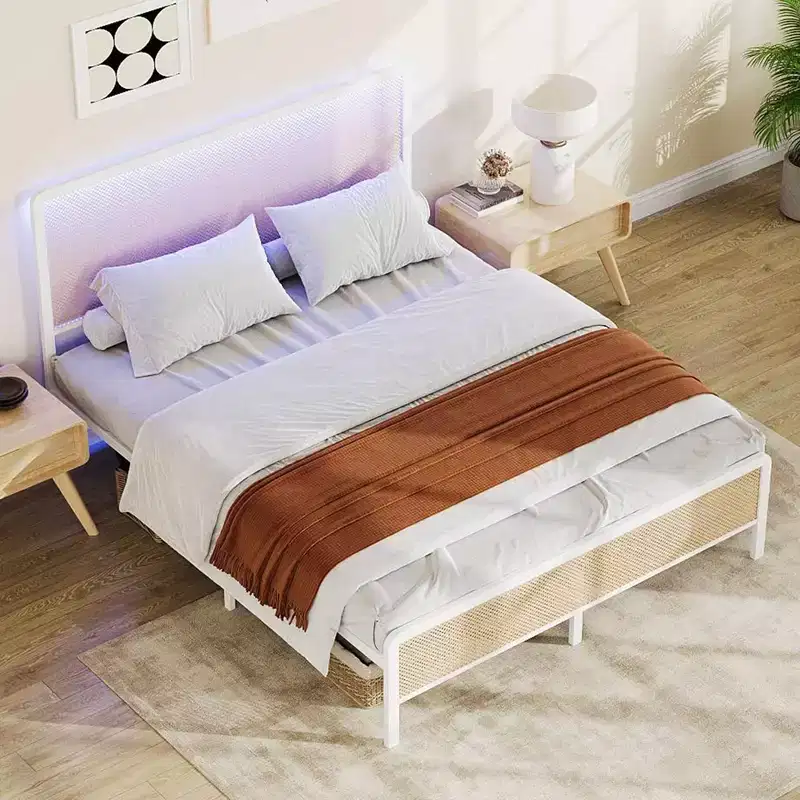 Rattan Bed Frame , Boho Bed Frame with Headboard and Footboard, Heavy Duty Sturdy Steel Slat Support, No Box Spring Needed