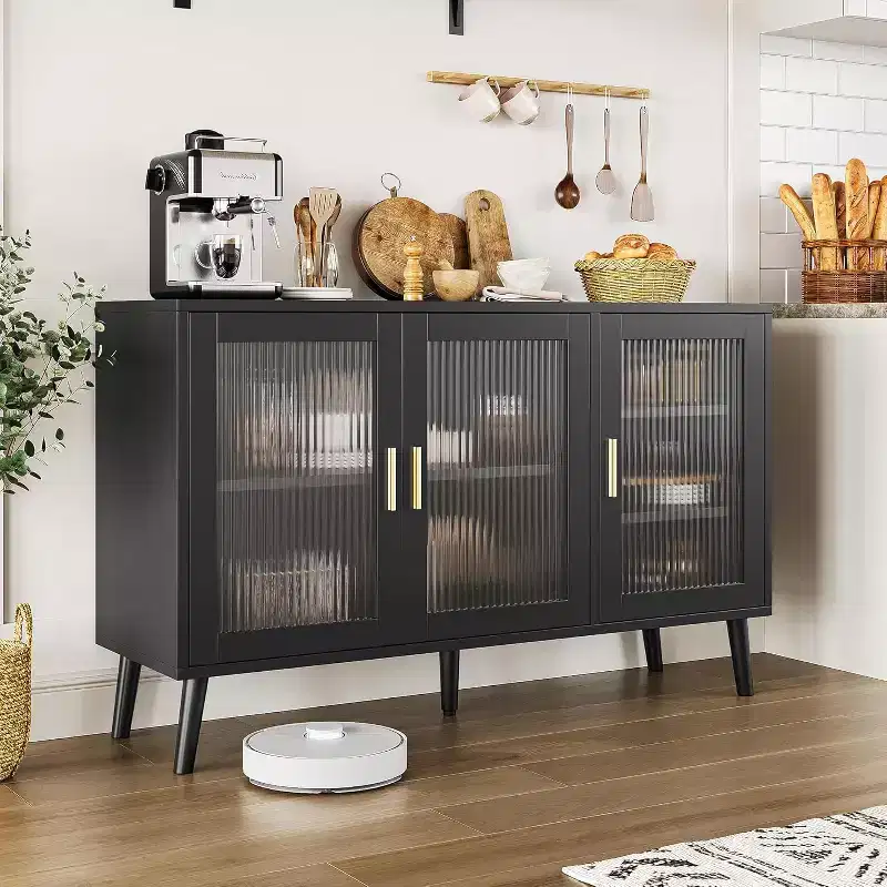 48 Kitchen Sideboard Cabinet with 3 Fluted Glass Doors Removable Shelves, Black Credenza Decorative for Living Room, Dining Room, Kitchen