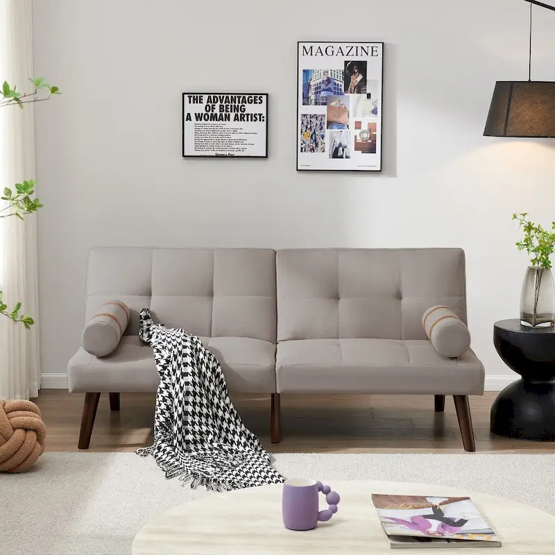 Convertible Sofa Bed Futon with Solid Wood Legs Linen Fabric Musterd Green