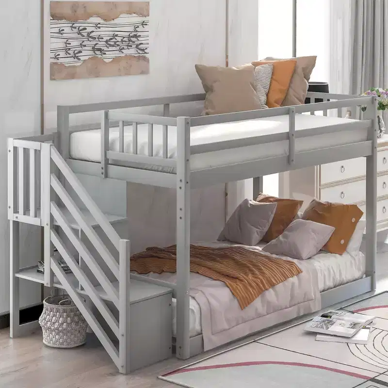 Twin over Twin Solid Wood Floor Bunk Bed Low Loft Bunk Bed with Storage Ladder & Safety Guardrail for Kids Teens, Easy Assemble