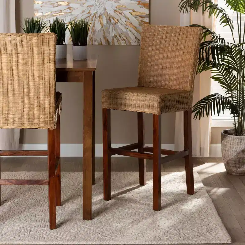Natural Rattan & Mahogany Wood Barstool, Ergonomic, No Assembly Required