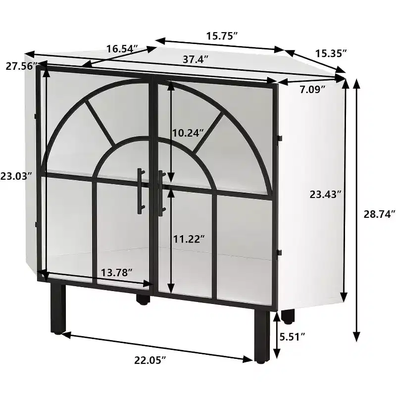 Acekool Corner Cabinet, 2-Door Sideboard with Metal Frame and 2-Tier Shelves, Storage Organizer for Living Room, Kitchen, Bedroom, Bathroom, White
