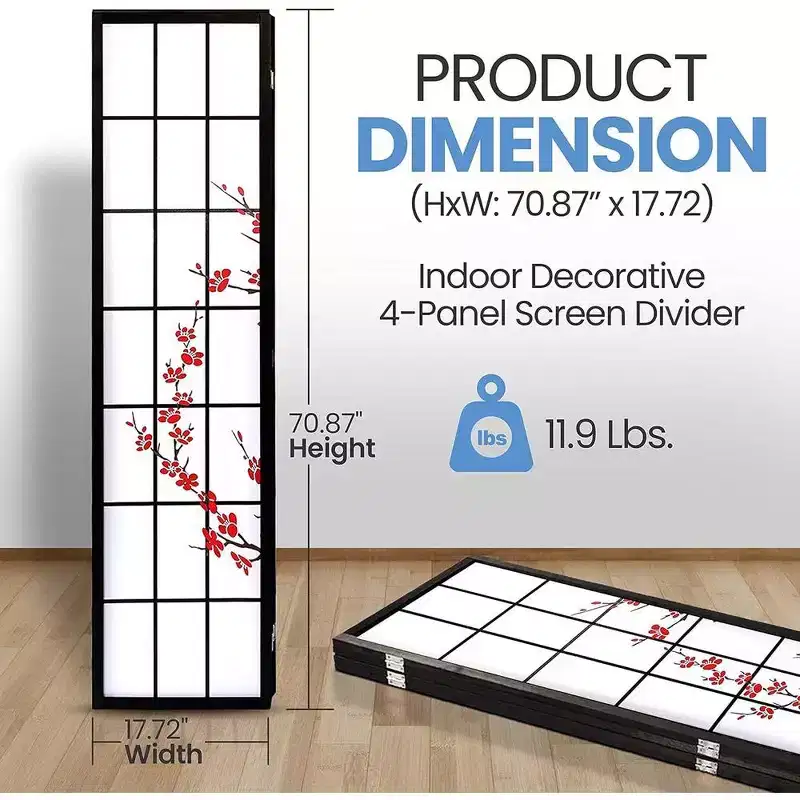 4-Panel Room Divider, Japanese-Inspired Folding Privacy Screen with Two-Way Hinges