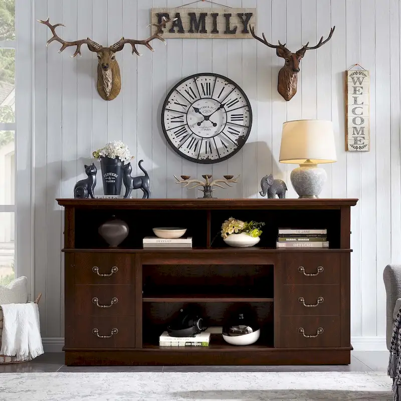 60W Retro TV Stand Entertainment Center, 2 Cabinets&Open Shelves - 60W*15.75D*34.25H