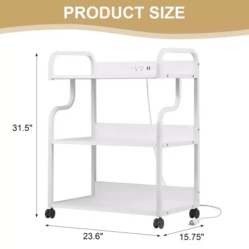 VECELO 3-Tier Storage Cabinet, Large Printer Stand with Charging Station, Rolling Storage Cart with Wheels for Office or Living Room, White