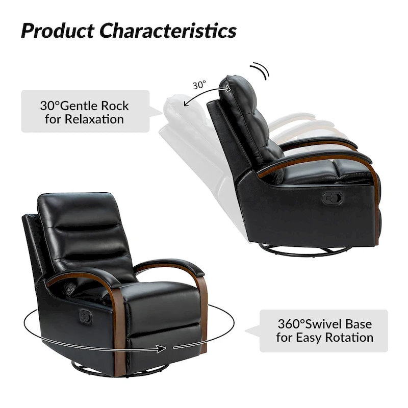 Leopold Modern Genuine Leather Swivel Rocking Manual Recliner Chair with Wooden Arm Accents by HULALA HOME