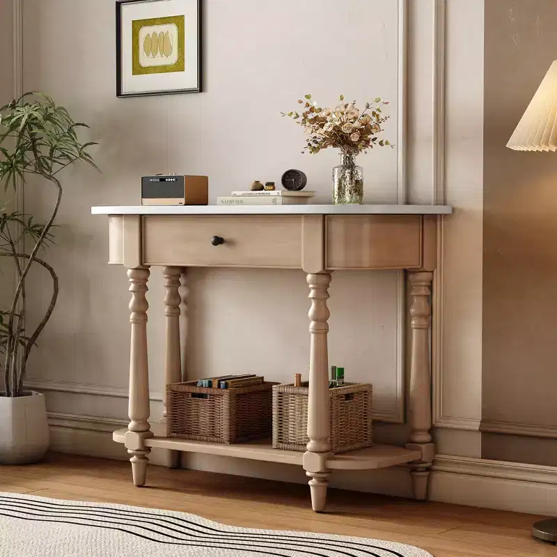 Retro Corner-Curved Console Table with Top Drawer and Open Shelf for Living Room and Entryway