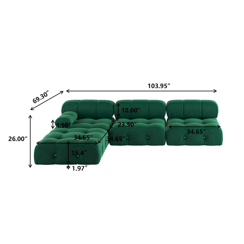 104 Wide Velvet Reversible Modular Sofa & Chaise with Ottoman