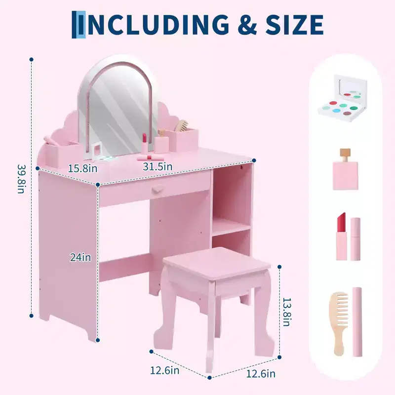 Kids Vanity Desk with Mirror, Princess Makeup Vanity Table with Stool, Drawer,Storage Shelves & Cubbies, Toddler Wood Dressing Table for Little Girls