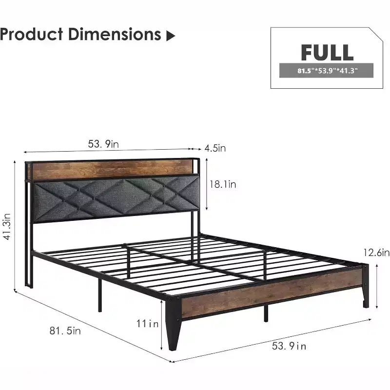 King Size Bed Frame with Charging Station, Button Tufted Headboard, Metal Platform with Storage Shelf, Metal Slats Support, No Box Spring Needed