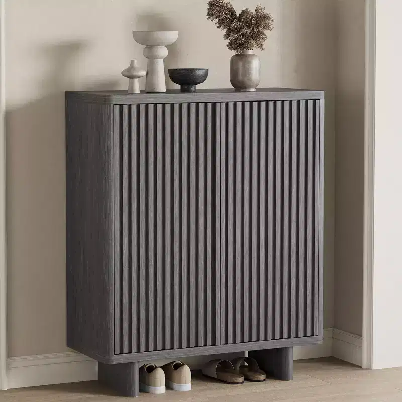 31.6 Inch Shoe Cabinet with Fluted Door, 5-Tier Storage with 4 Adjustable Shelves, Rustic Entryway Shoe Bench for Hallway & Foyer