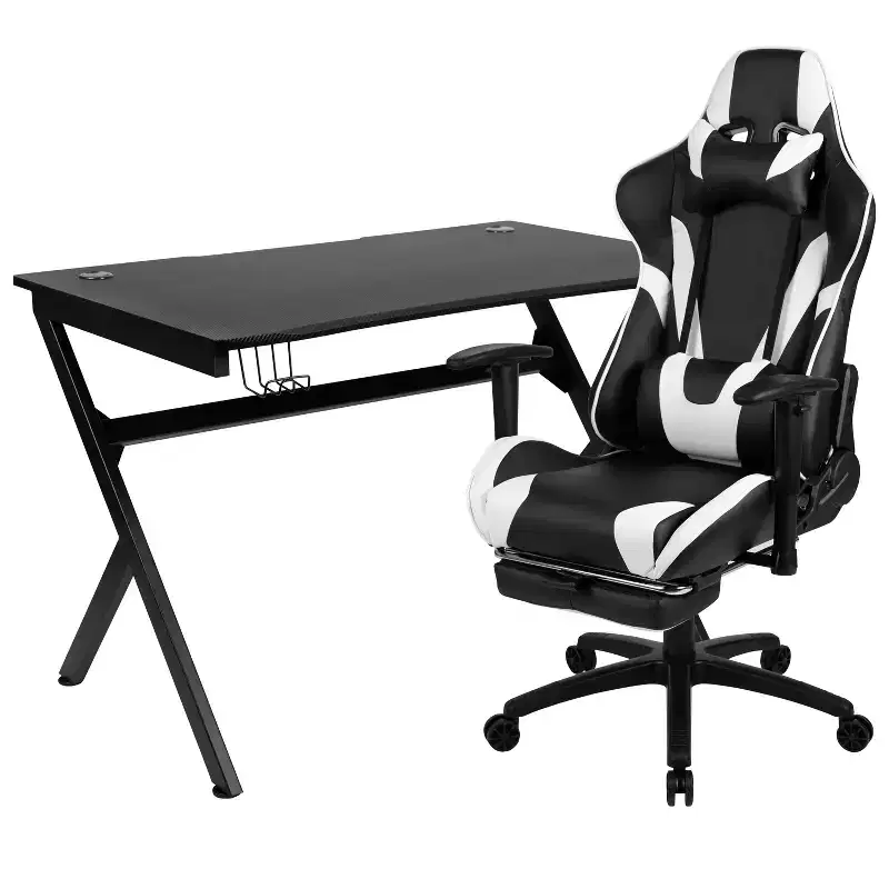 Emma and Oliver Gaming Desk Set - Cup/Headset Holder/Reclining & Footrest