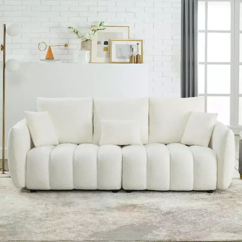 3-seater Upholstered Sofa Couch, Teddy Fabric Sofa with 3 Back Pillows