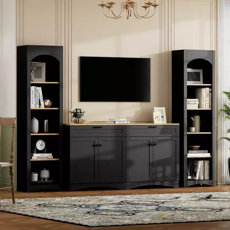 3-Piece Wooden TV Stand Set with Bookshelf for 70 inch TV, TV Storage Cabinet with Adjustable Shelves, Mid-Century Media Console Table, Gray