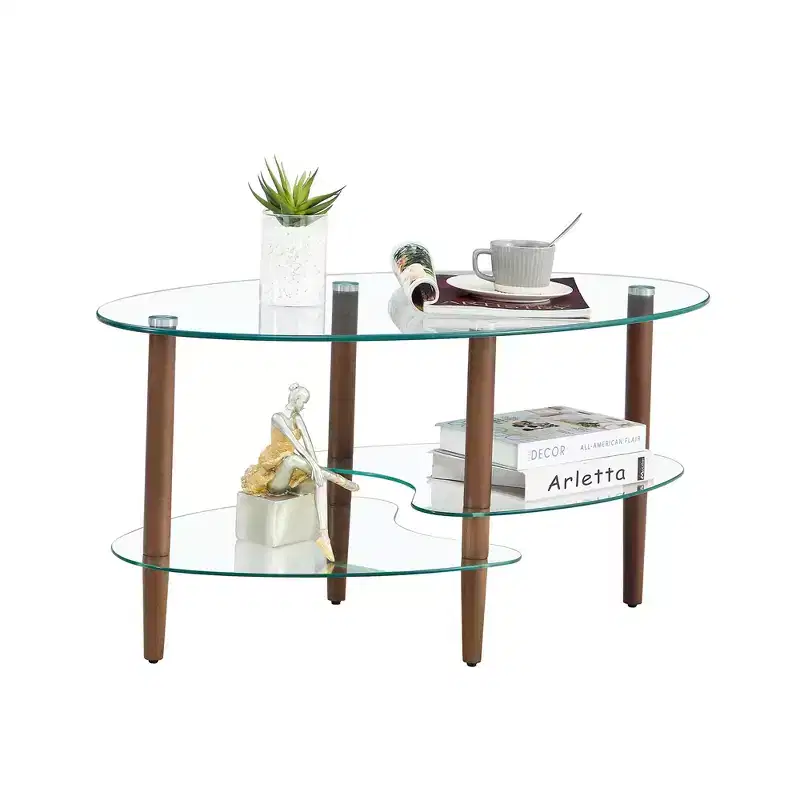 Transparent Oval Glass Coffee Table with Oak Wood Legs, 3-Layer Modern Table for Living Room
