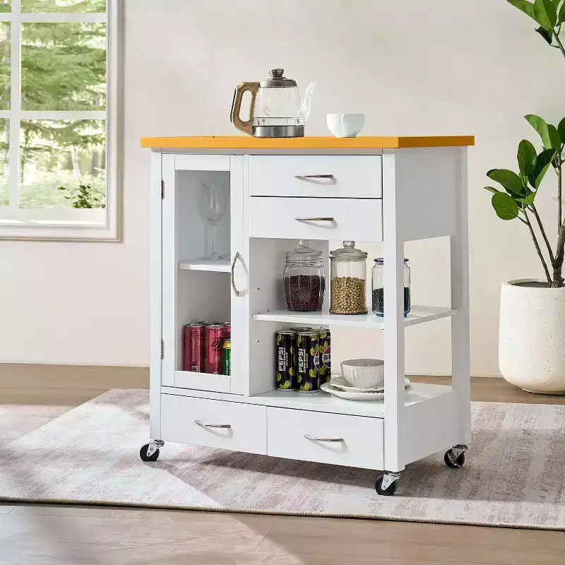 Okak Kitchen Island Cart with Glass Cabinet Door, Kitchen Cart with 4 Drawers, 1 Shelf and Towel Bar, Countertop Organizer for Dining Room, White+Oak