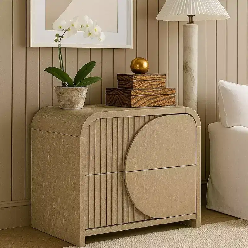 Nightstand with 2 Drawers & Reeded Panels – Natural Brown Solid Rubberwood