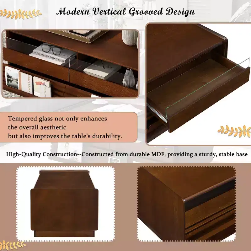 47.2-inch Modern Wooden Rectangular Coffee Table with 4 Drawers and 2 Display Shelves, Tempered Glass Top, Brown