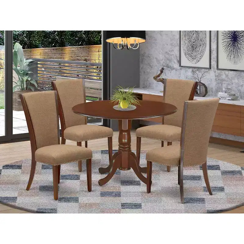 HomeStock Belmont Dining room table set of 4 kitchen chairs with Linen Fabric Light Sable color and a dining table with Mahogany Finish