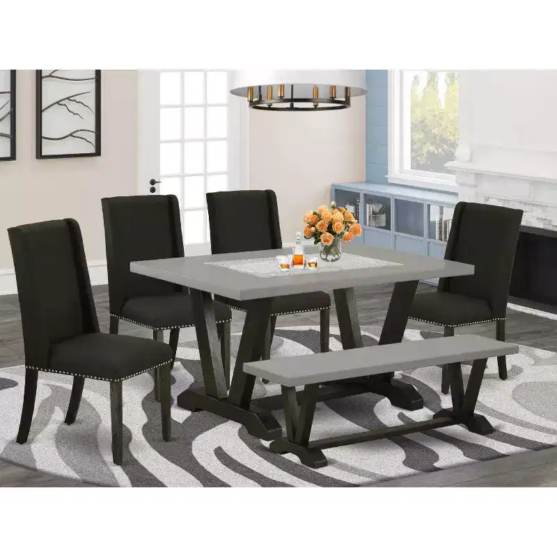 HomeStock 6-Pc Rectangle Natural Oak Finish Solid Wood Top Dining Table with 1-Bench, 4 Upholstered-Chairs