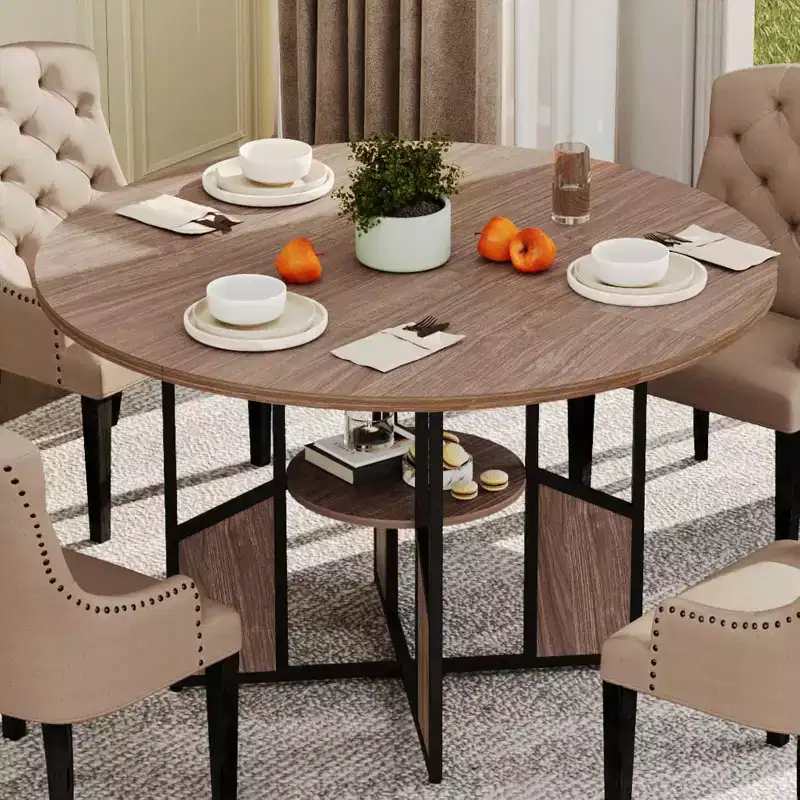 Round Dining Table for 4-6 People, 59 Wooden Kitchen and Dining Table with Base and Adjustable Legs, Space-saving Round Living Room Dining Table