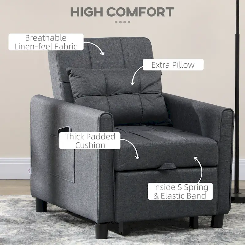 HOMCOM 3-in-1 Convertible Chair Bed, Multi-Functional Single Sofa Bed, Pull Out Sleeper Chair with Adjustable Backrest, Pillow