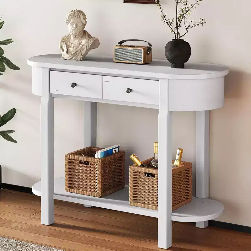 Curved Console Table 40-Inch Retro Farmhouse Wood Entry Sofa Table with Storage Shelf & Drawer for Living Room Hallway, Antique White