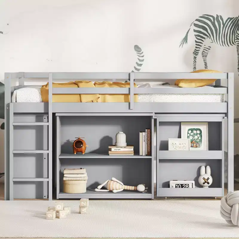 Twin Loft Bed with Drawer Cabinet, Shelf Cabinet and Pull-Out Desk, Rubber Wood with Guardrail and Ladder, Gray