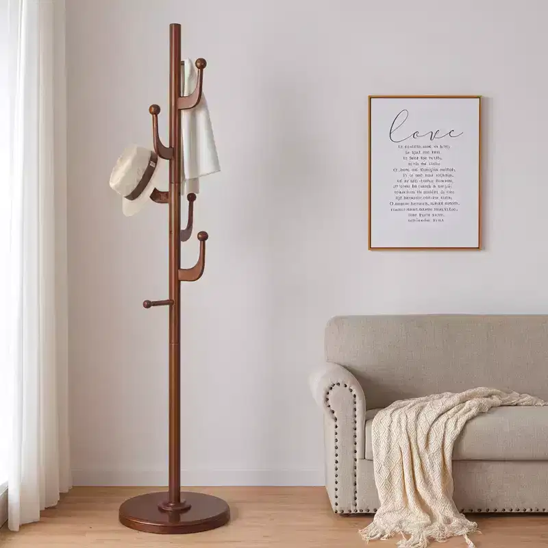 Cactus Freestanding Coat Rack, Solid Wood Coat Tree with 7 Hooks and Sturdy Round Base for Entryway