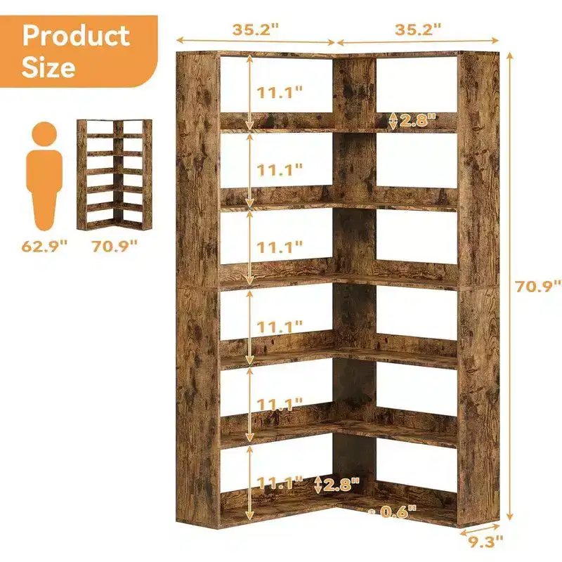 6 Tier Industrial Corner Bookshelf, L Shaped Bookcase with Baffles and Shelves, Large Storage Display Unit for Living Room, Home Office